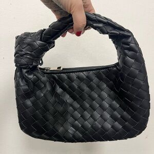 Small Black Faux Woven Leather Hobo Bag Knotted Handle - Bottega Veneta style